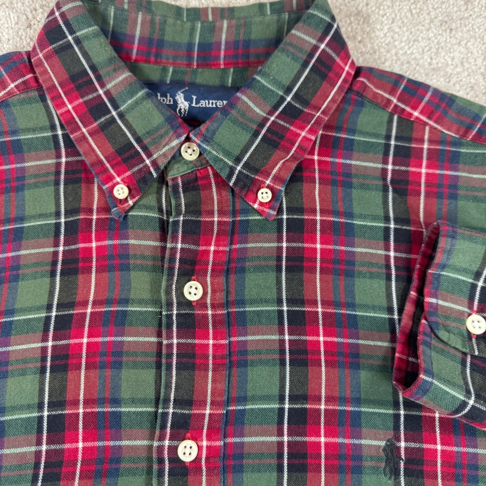 Ralph Lauren Blake Mens Large Green Red Plaid Cotton Button Down Shirt LS